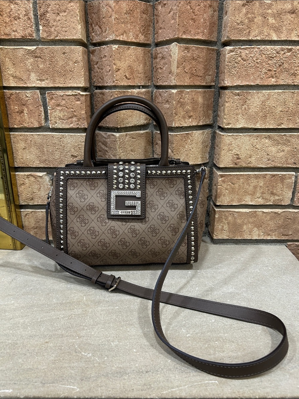 NWOT Guess Studded Monogram Satchel Handbag in Brown - Picture 2 of 6
